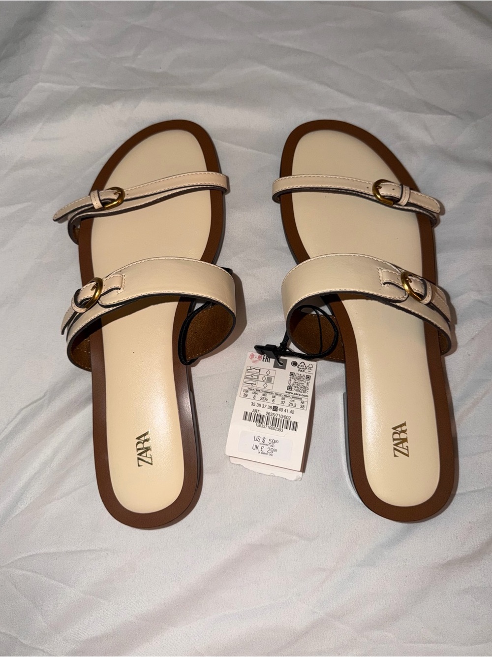 ZARA Cream Double-Strap Slide Sandals with Brown Trim - Picture 1 of 5